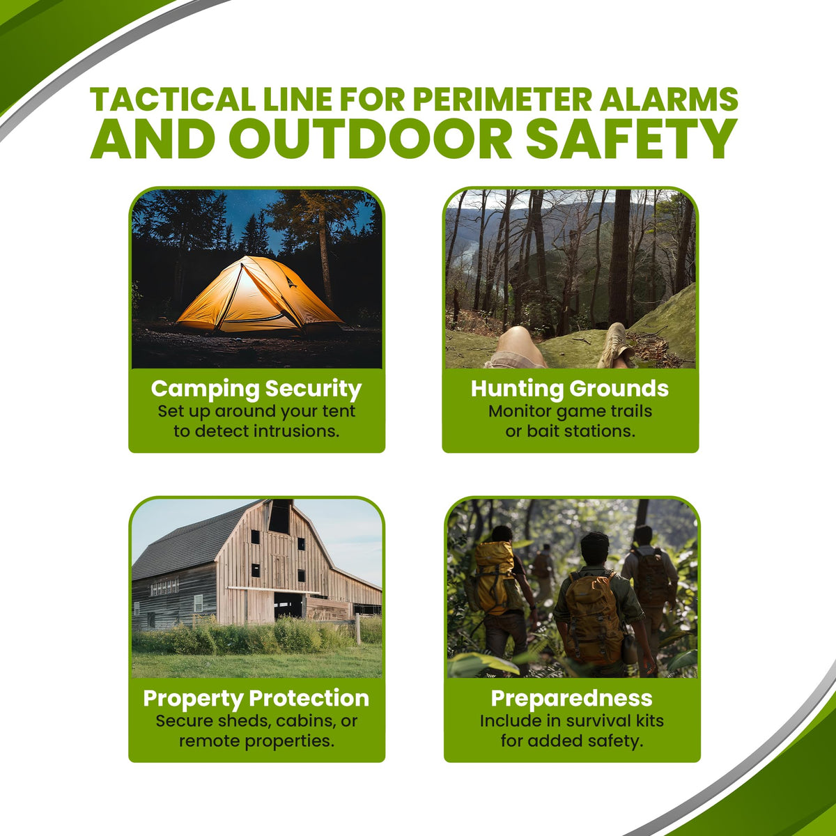 Outdoor perimeter protection setup for camping, hunting, and home use by Trip Alarm Co.