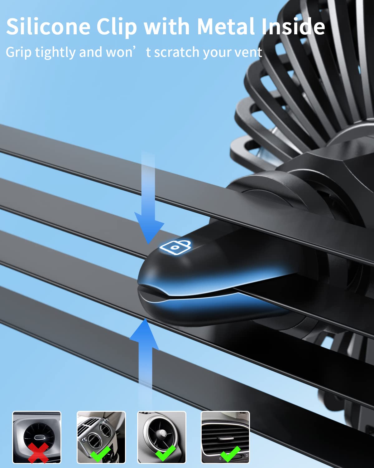 TriPole car fan with 360-degree rotation for precise air direction