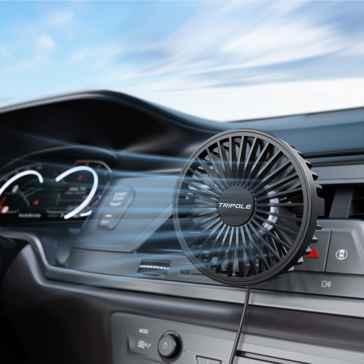 TriPole car fan clip-on vent for secure mounting and directed airflow
