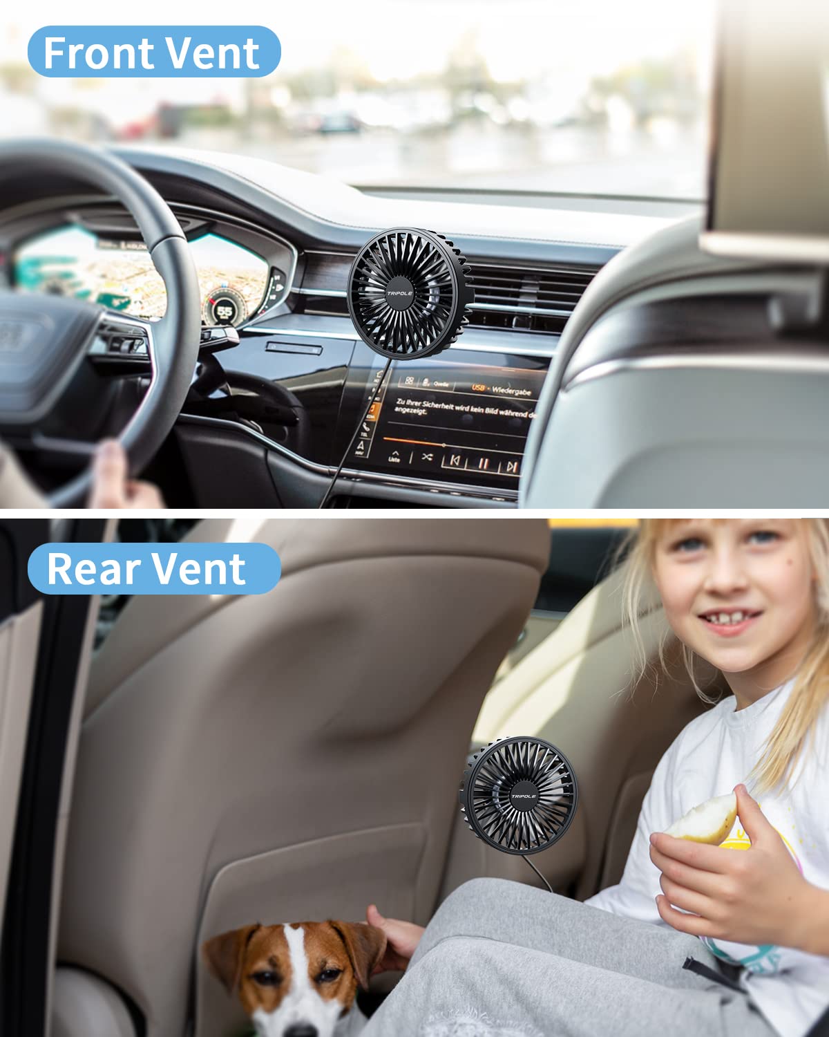 TriPole USB powered car fan compatible with charger or power bank