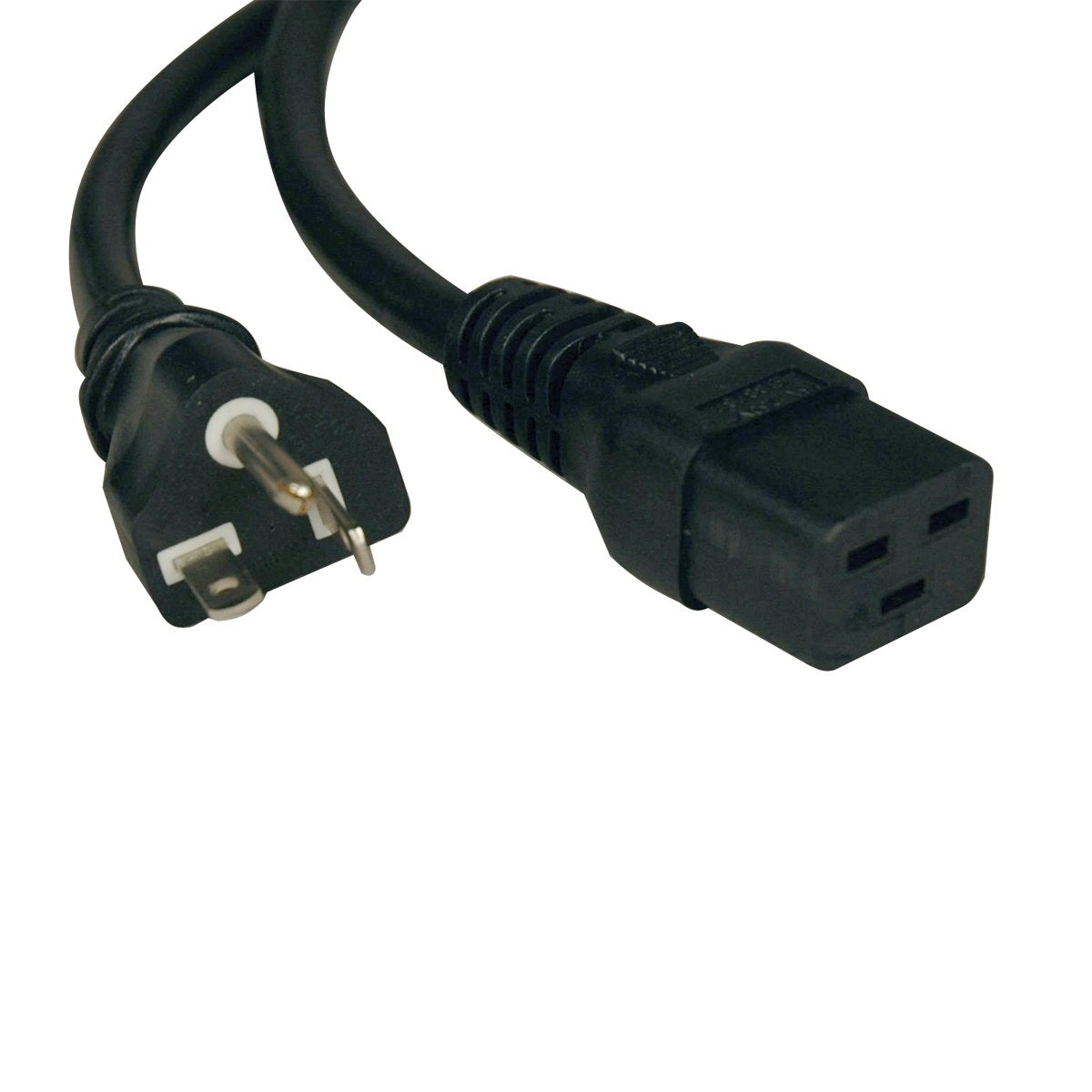 Tripp Lite front connector view showing molded C19 to 5-20P ends and durable construction benefit