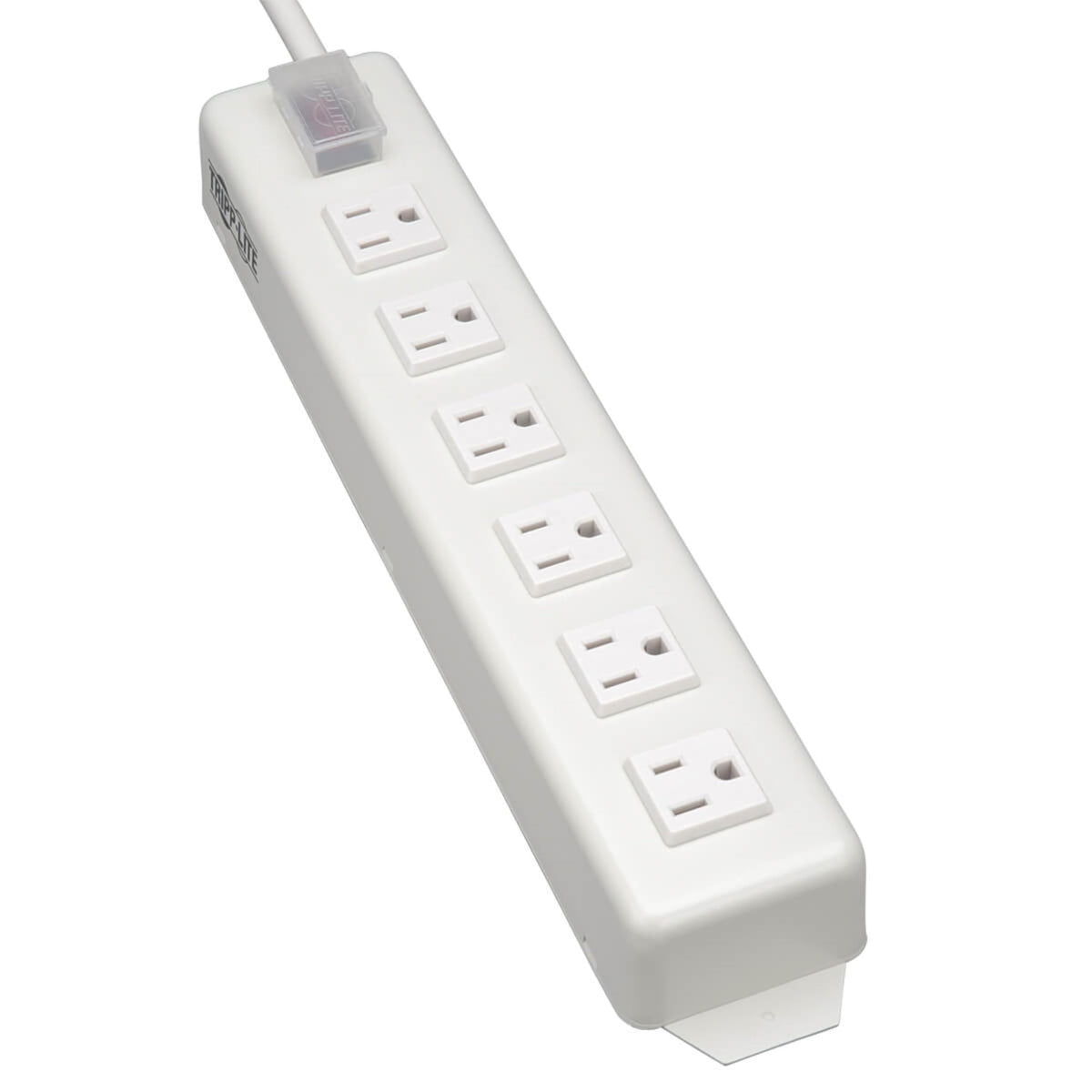 TRIPP LITE front view showing six right-angle outlets and durable metal housing for space-saving use