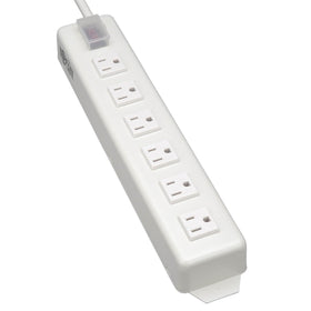 TRIPP LITE front view showing six right-angle outlets and durable metal housing for space-saving use