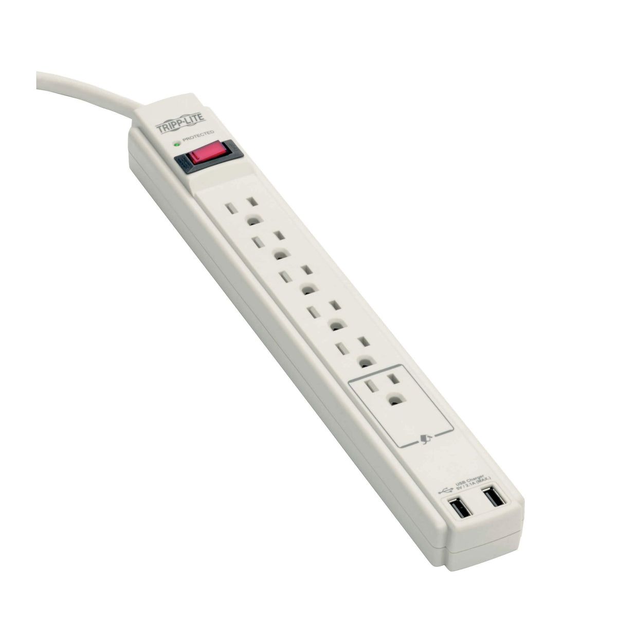 TRIPP LITE front view showing six outlets and overall compact benefit