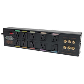 TRIPP LITE HT10DBS outlets provide organized, surge-protected power for home theater setups.