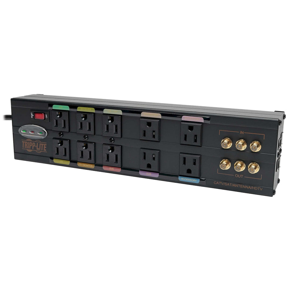 TRIPP LITE HT10DBS outlets provide organized, surge-protected power for home theater setups.