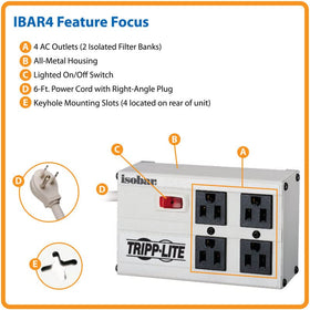 TRIPP LITE IBAR4-6D right-angle plug keeps furniture flush against the wall.