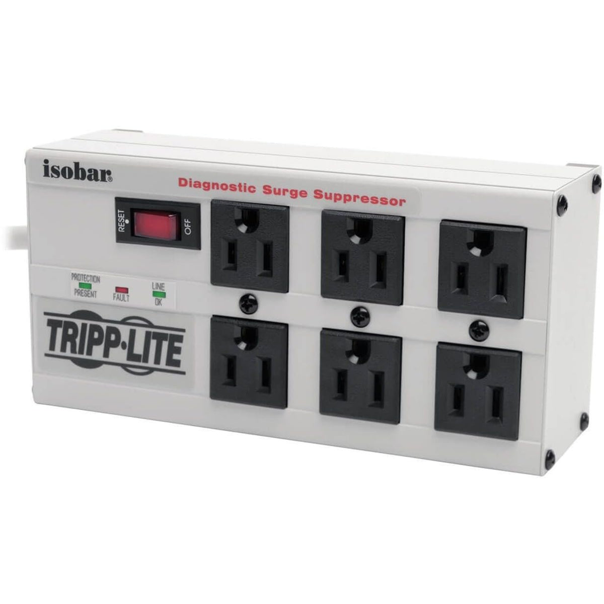 Tripp Lite ISOBAR6 front view showing six outlets and metal housing for reliable protection