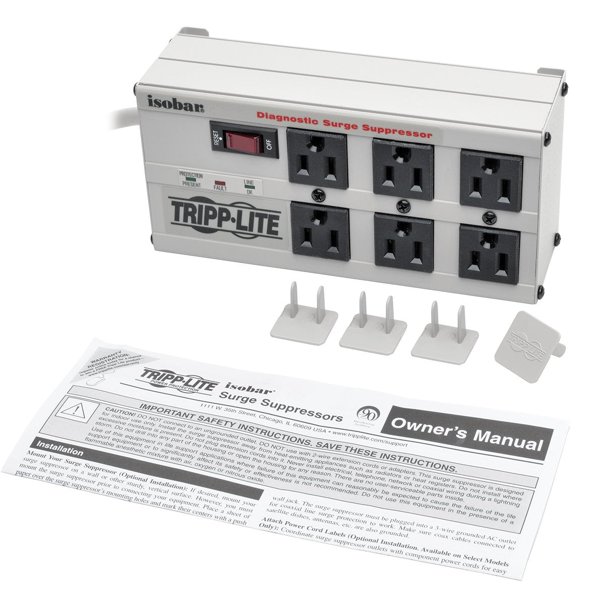 Tripp Lite ISOBAR6 mounted under desk in workspace offering clean, secure power distribution