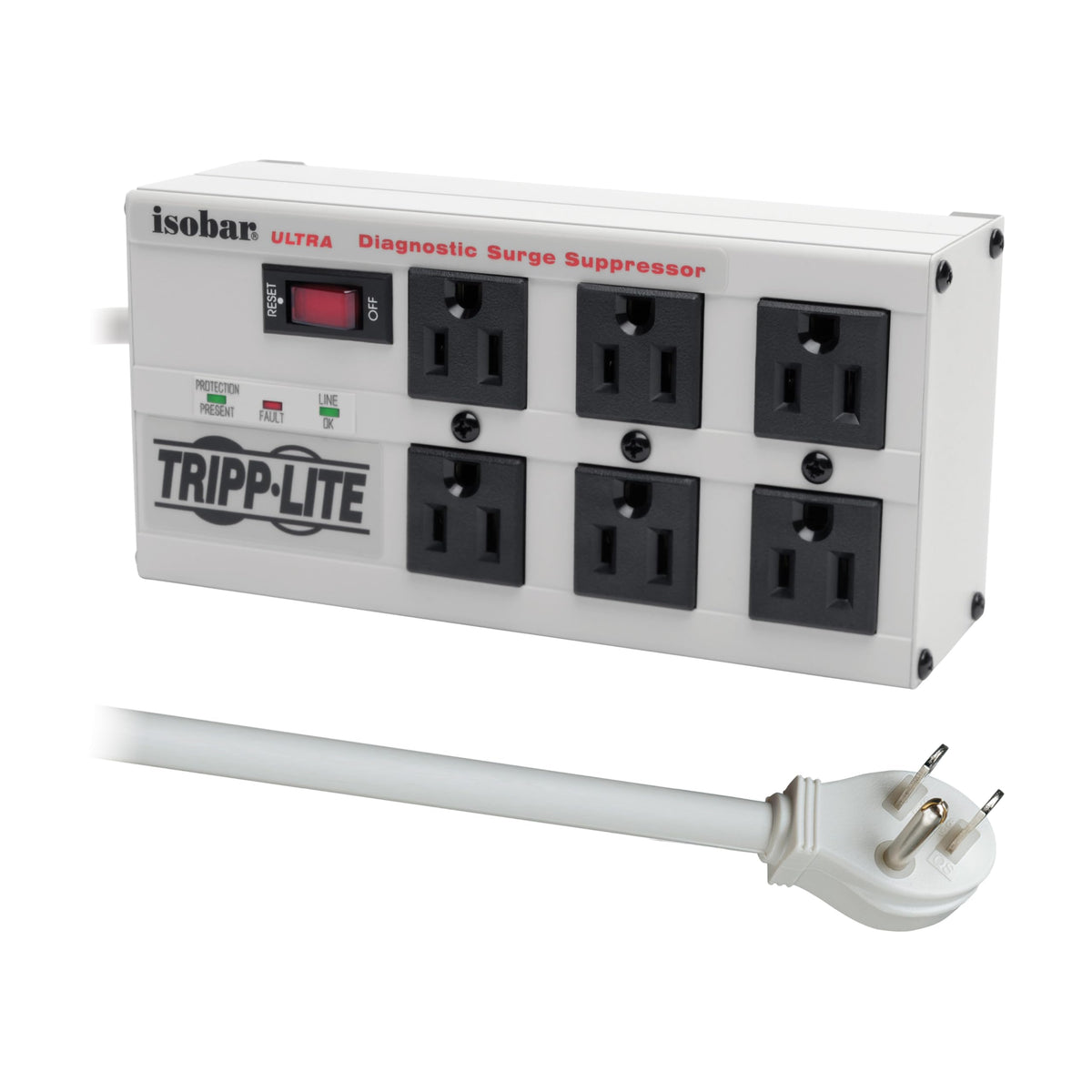 TRIPP LITE Isobar6Ultra front view shows rugged metal housing for durable protection in workshops.