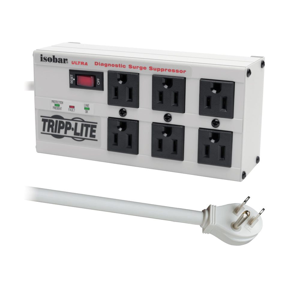 TRIPP LITE Isobar6Ultra front view shows rugged metal housing for durable protection in workshops.
