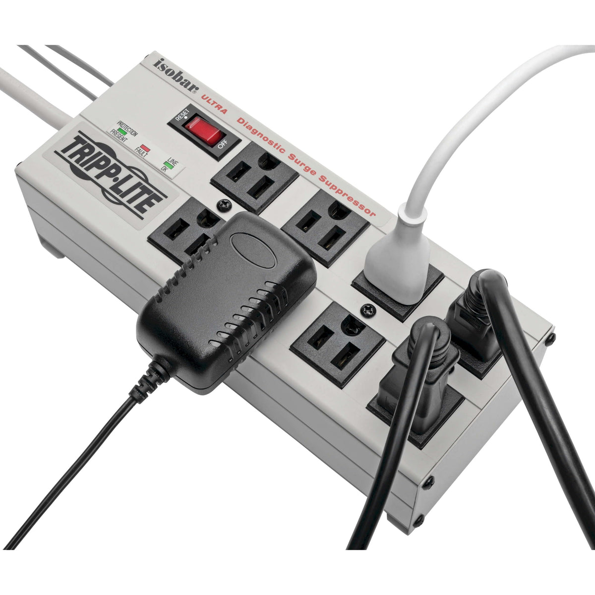 TRIPP LITE Isobar8 Ultra eight outlets accommodate bulky adapters in busy spaces.