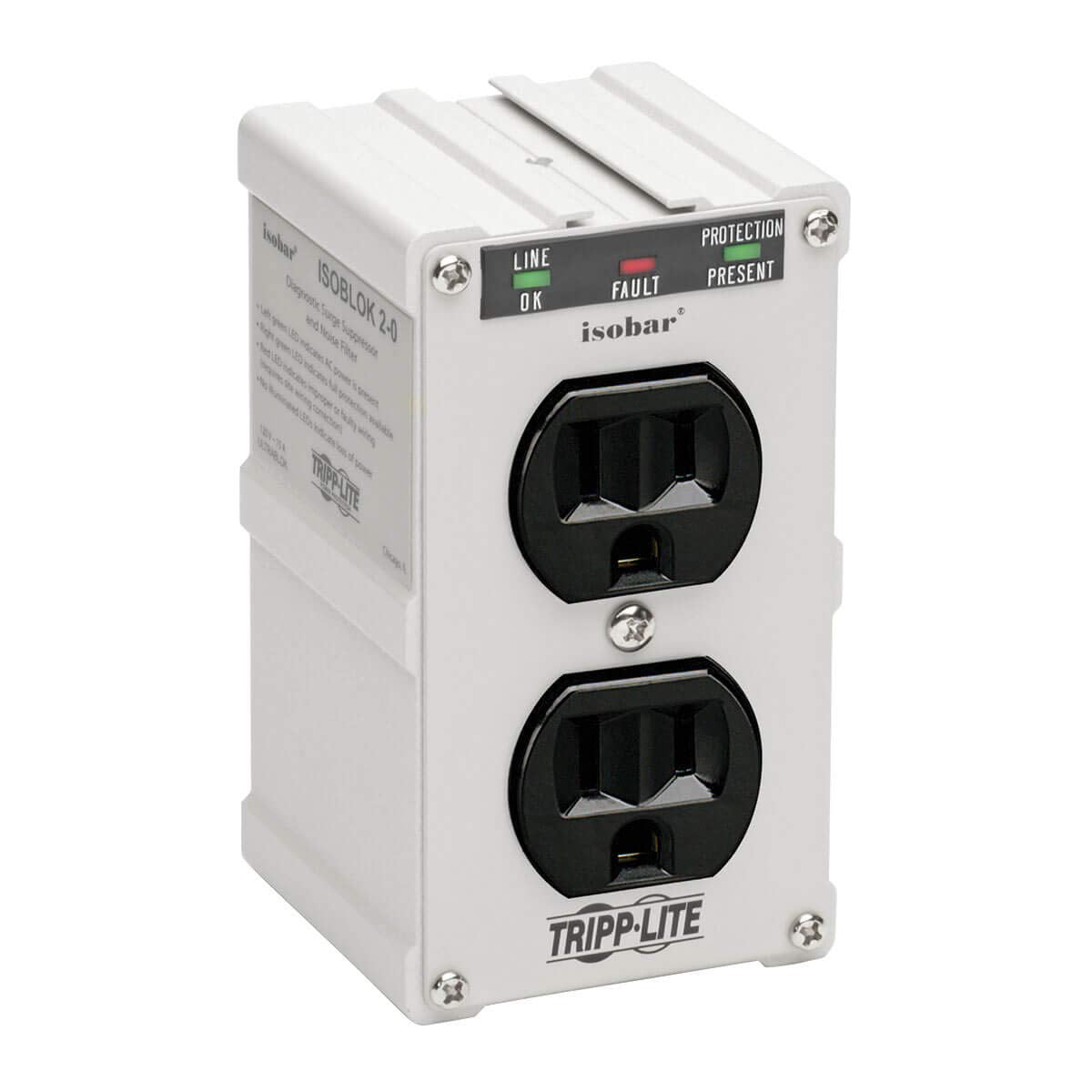 TRIPP LITE front view showing two outlets and compact metal design for durable protection