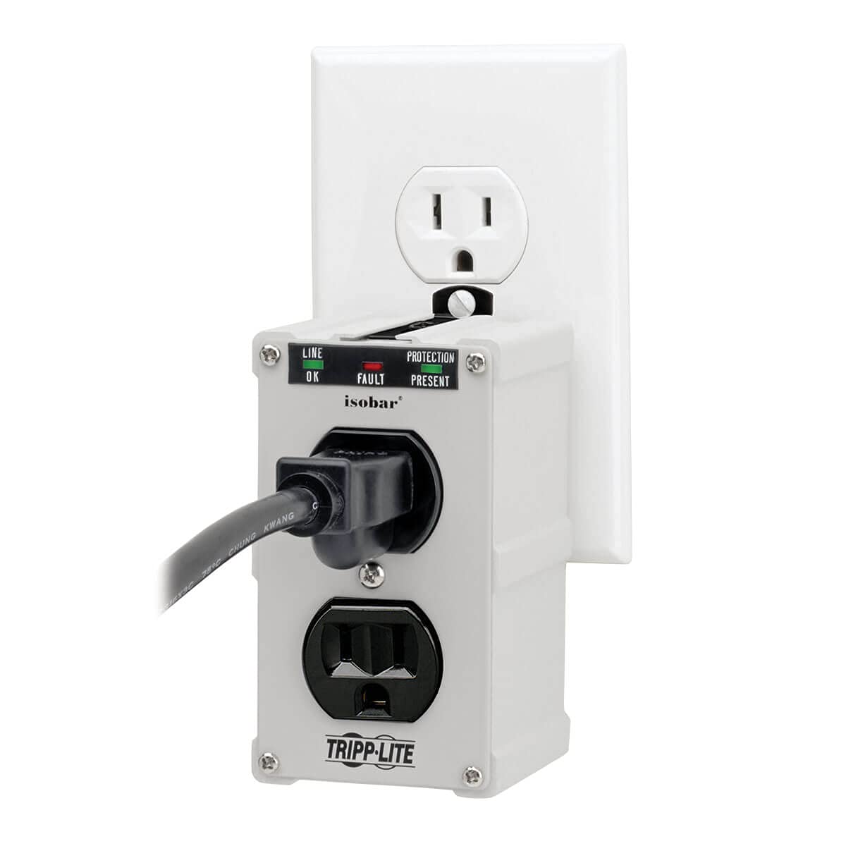 TRIPP LITE plugged into a garage outlet demonstrating compact placement and convenience