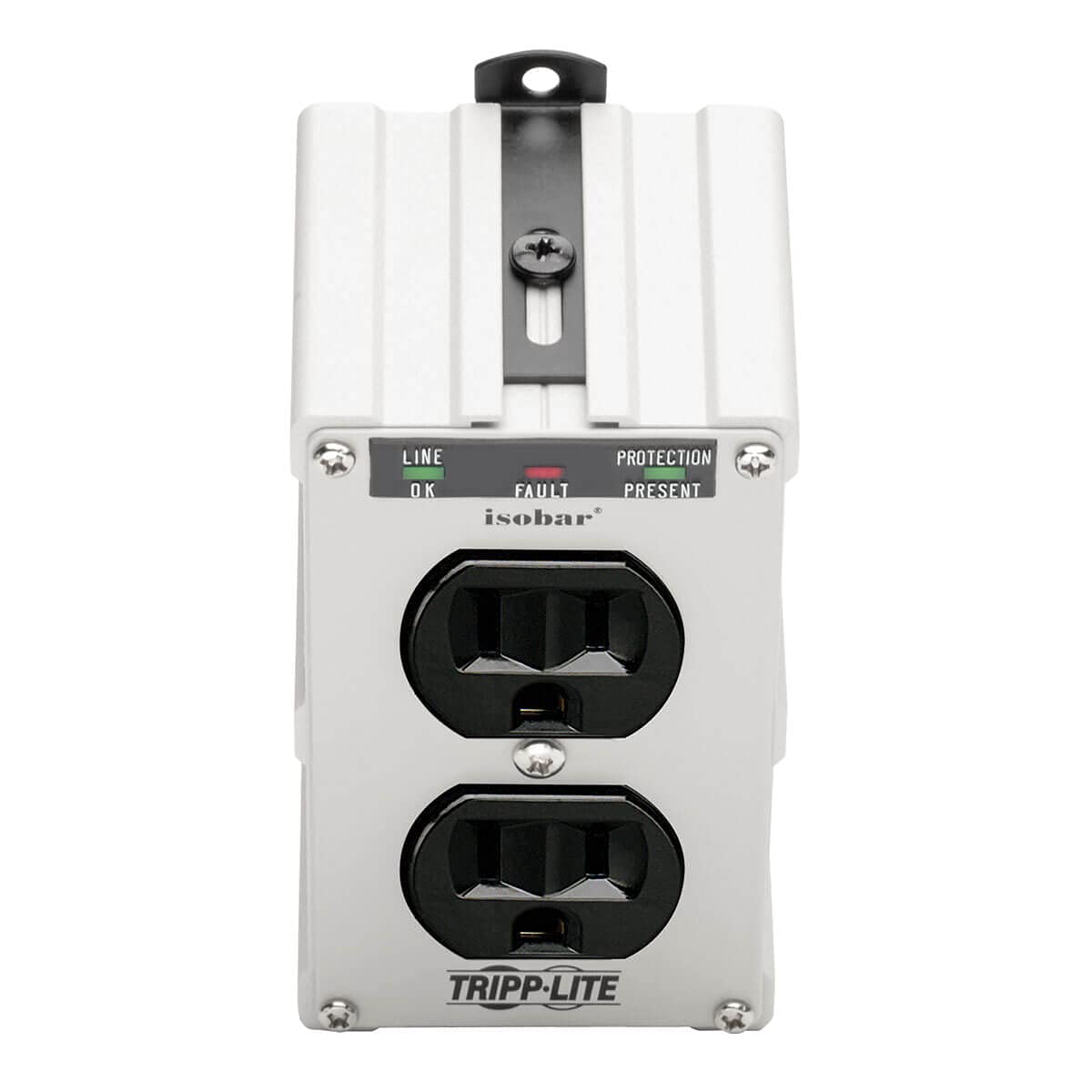 TRIPP LITE top-down of two NEMA outlets showing space-saving layout and access