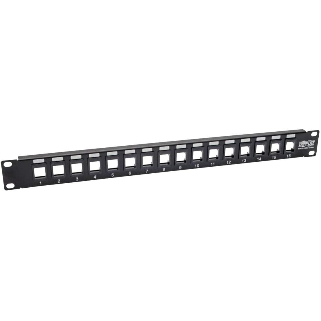 TRIPP LITE N062-016-KJ blank patch panel front view for organized keystone cabling in racks.