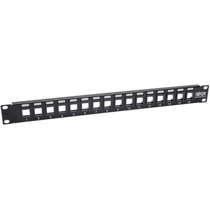 TRIPP LITE N062-016-KJ blank patch panel front view for organized keystone cabling in racks.