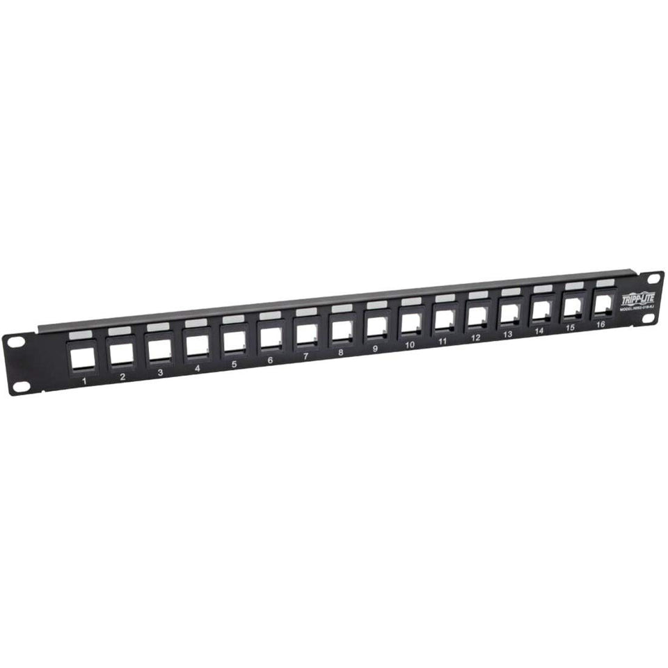 TRIPP LITE N062-016-KJ blank patch panel front view for organized keystone cabling in racks.