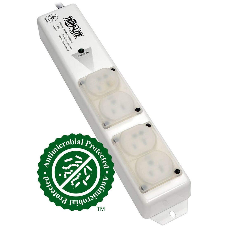 Tripp Lite PS-406-HGULTRA front view with four hospital-grade outlets for patient-care use