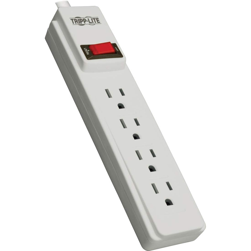 Tripp Lite PS410 power strip with 10 ft cord and 4 outlets, ideal for office setups.