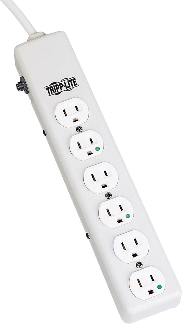 Tripp Lite PS-602-HG power strip with six hospital-grade outlets for reliable medical-grade power.