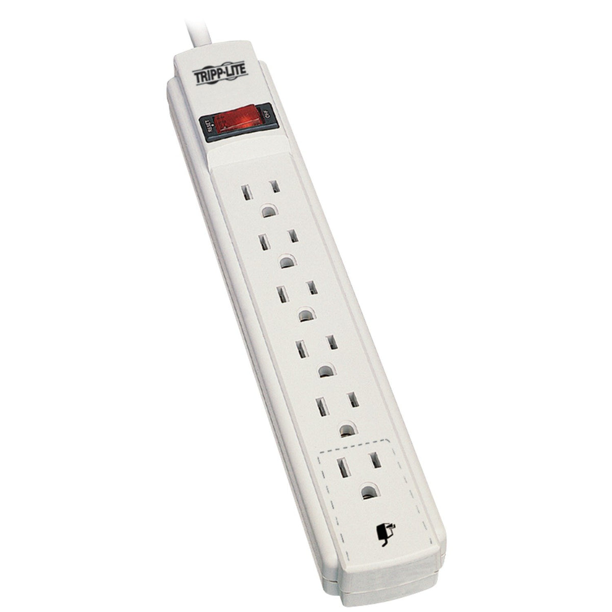 TRIPP LITE PS615 front view showing six outlets and illuminated switch for easy control