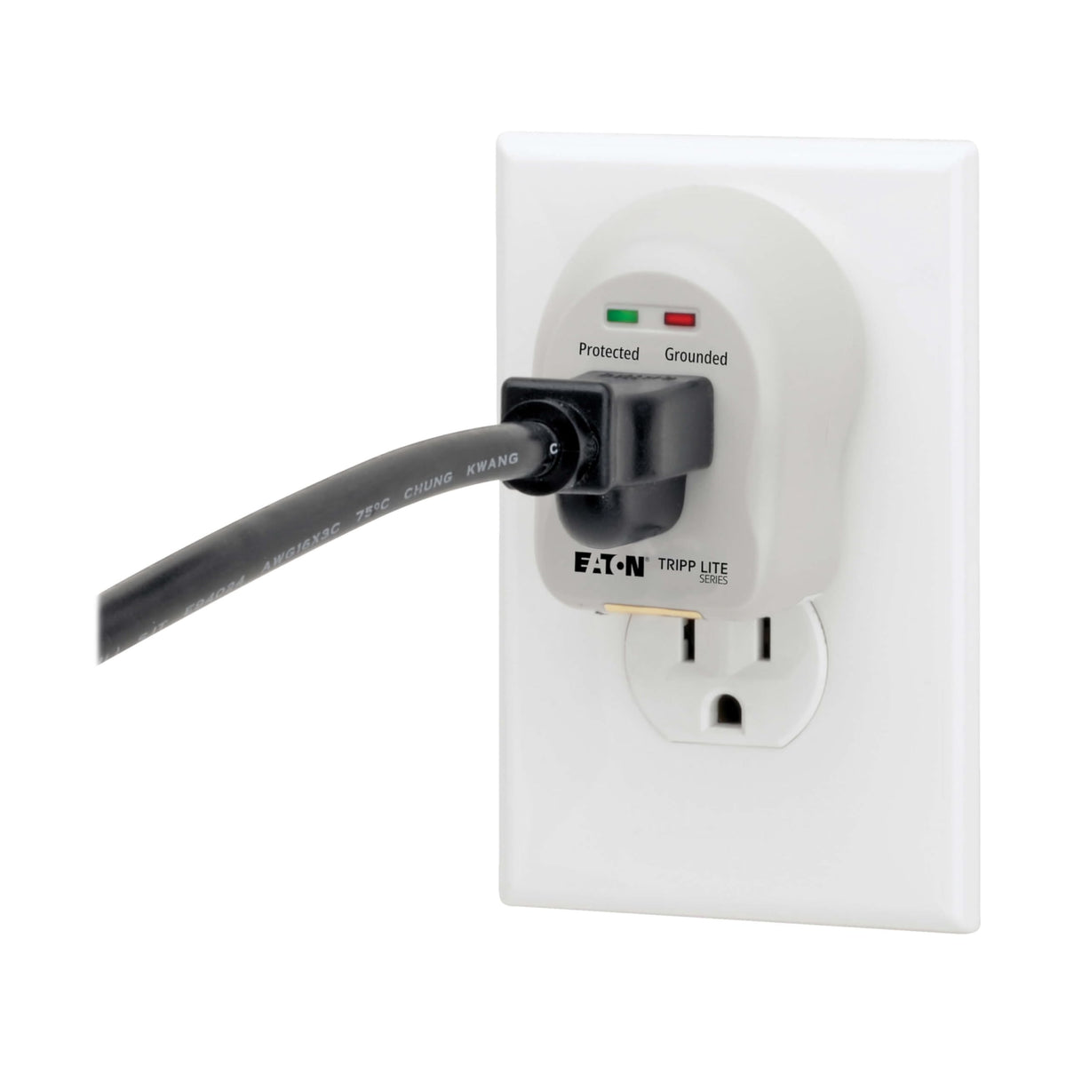 TRIPP LITE SpikeCube travel-size surge protector fits behind furniture.