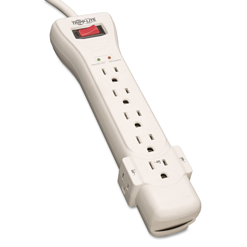 TRIPP LITE front view showing 7 outlets and neat layout benefit