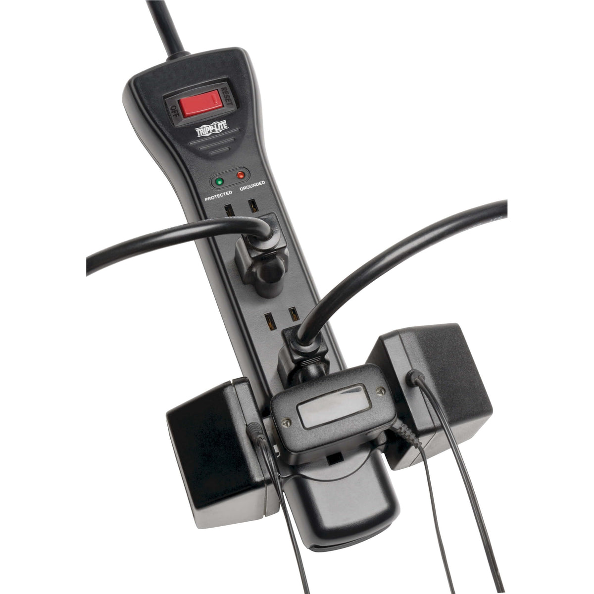 TRIPP LITE flat right-angle plug and 7ft cord keeping furniture flush against wall benefit