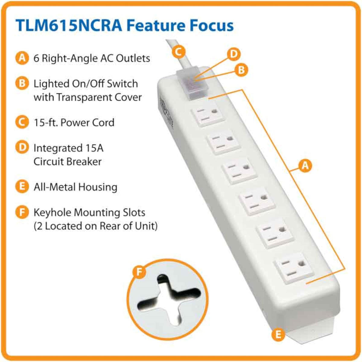 TRIPP LITE illuminated switch and 15ft cord close-up showing easy power control and reach
