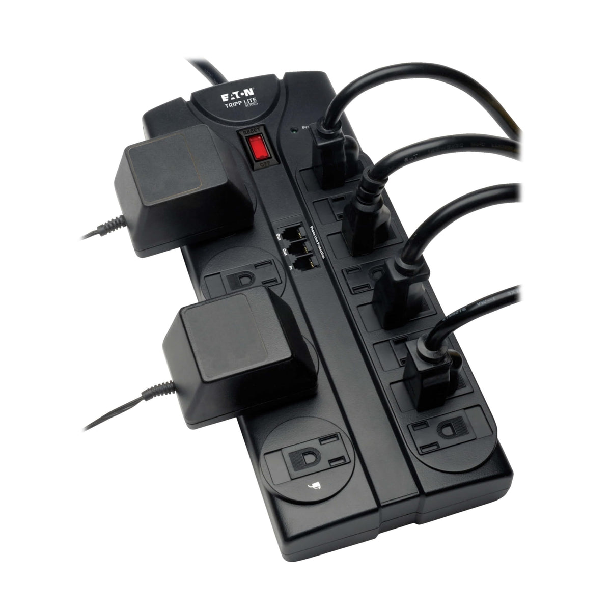 TRIPP LITE flat plug and 8ft cord displayed, allows furniture to sit close to wall