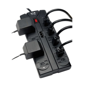TRIPP LITE flat plug and 8ft cord displayed, allows furniture to sit close to wall
