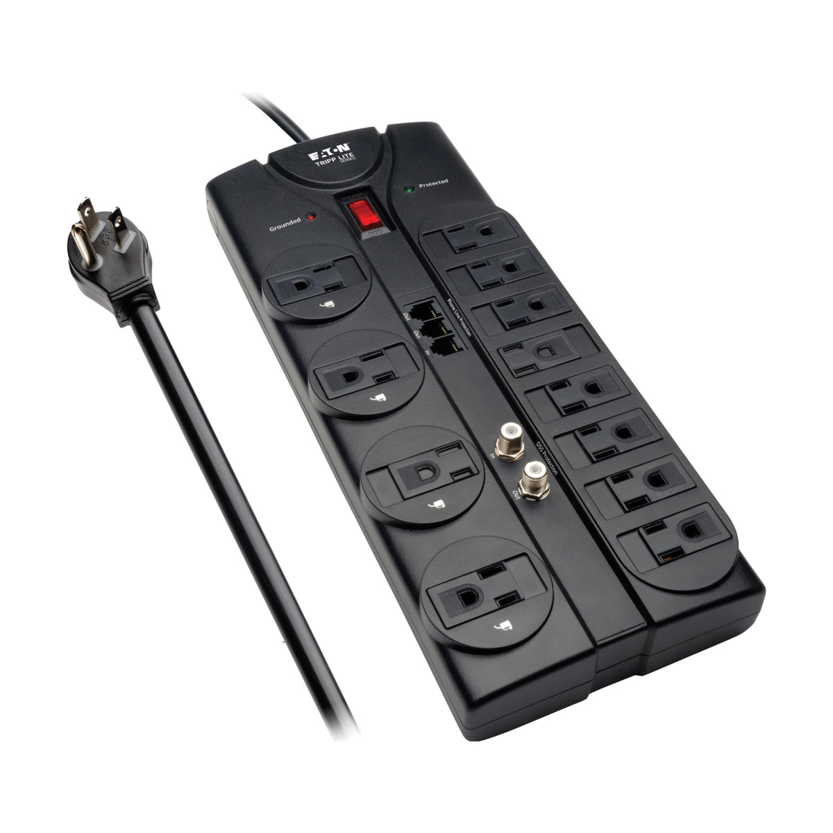 TRIPP LITE front view showing 12 outlets and sleek housing for organized protection