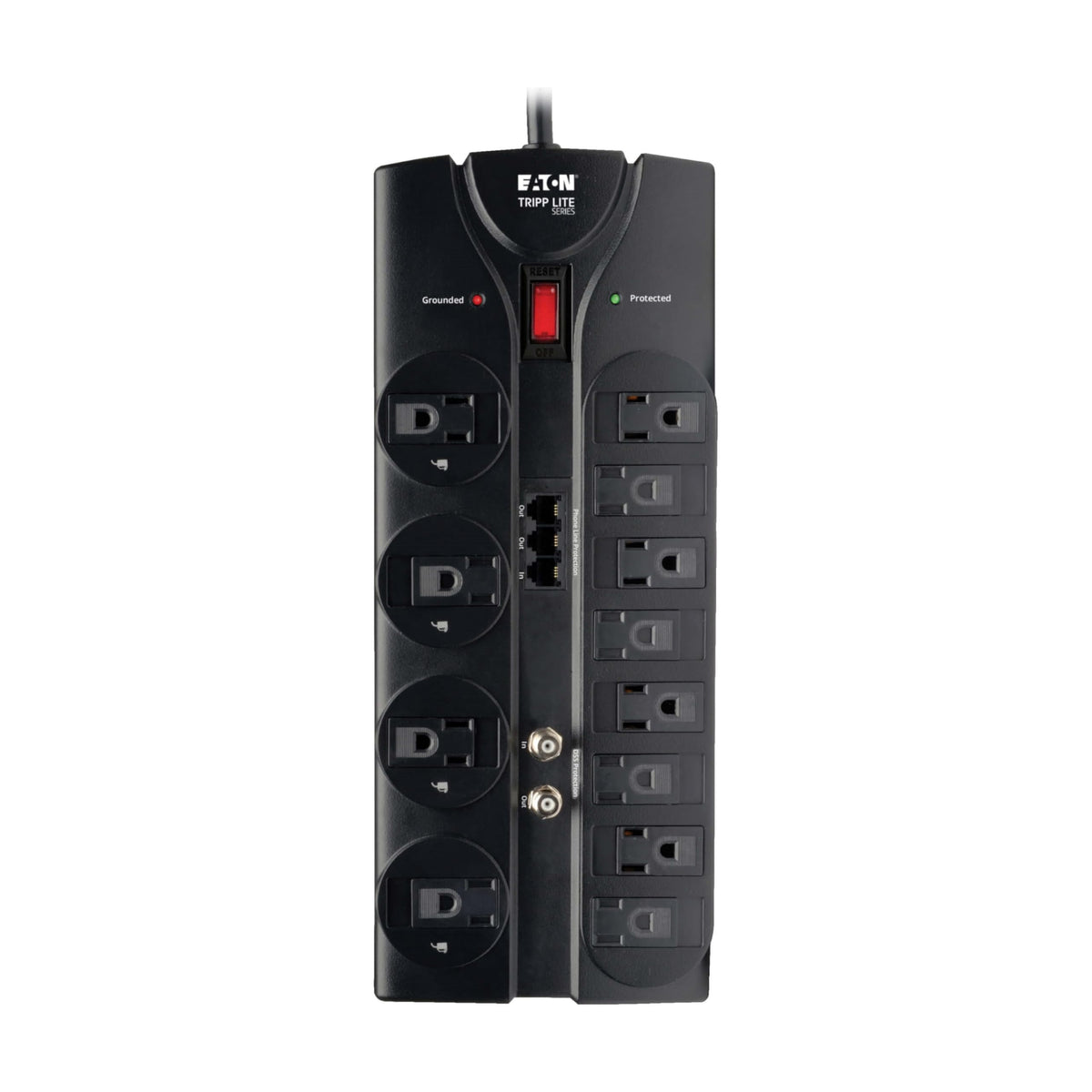 TRIPP LITE installed in a living room AV stack protecting TV and router