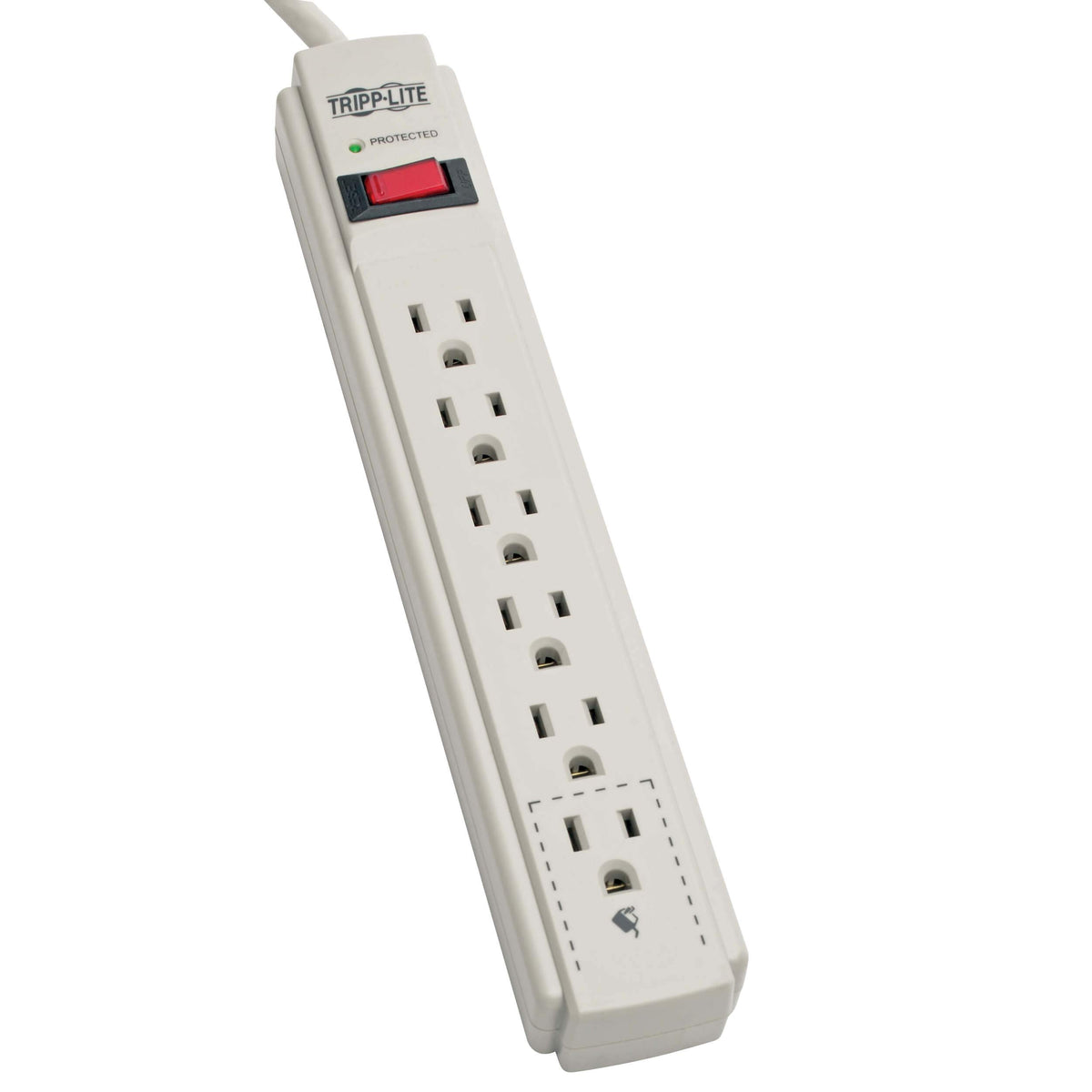 TRIPP LITE TLP604 surge protector front view with six outlets for desk protection