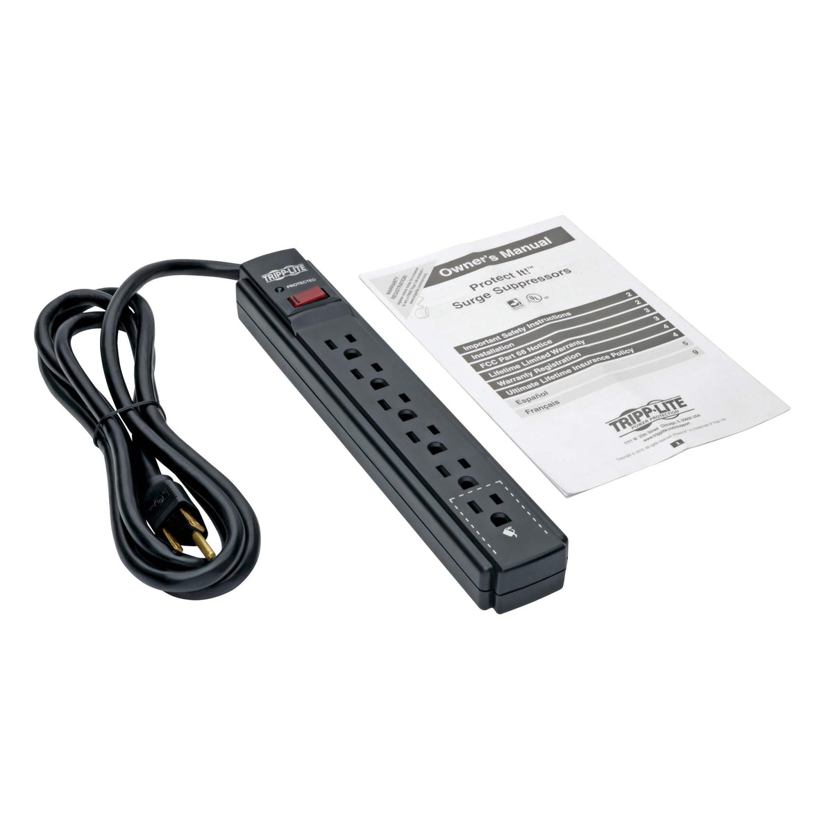 TRIPP LITE TLP606B 15A circuit breaker helps prevent overload and outages.