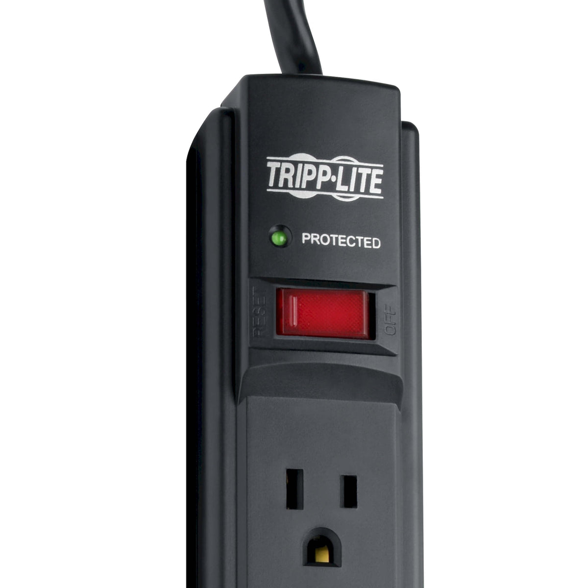 TRIPP LITE TLP606B end-outlet design fits bulky transformers without blocking others.