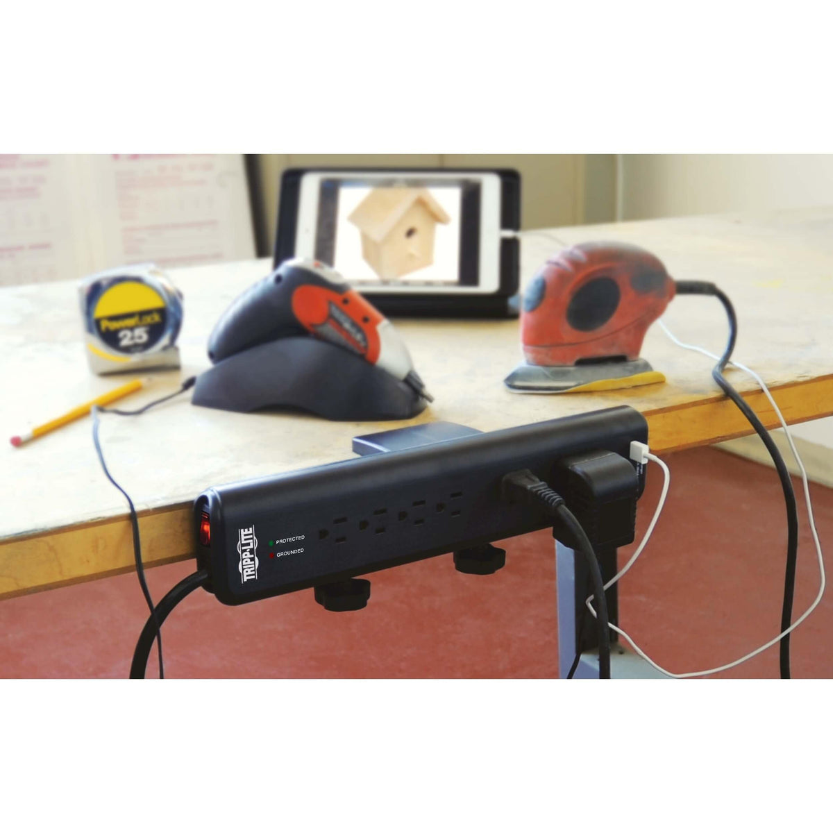 Tripp Lite angled shot highlighting transformer-spaced outlets for large adapters