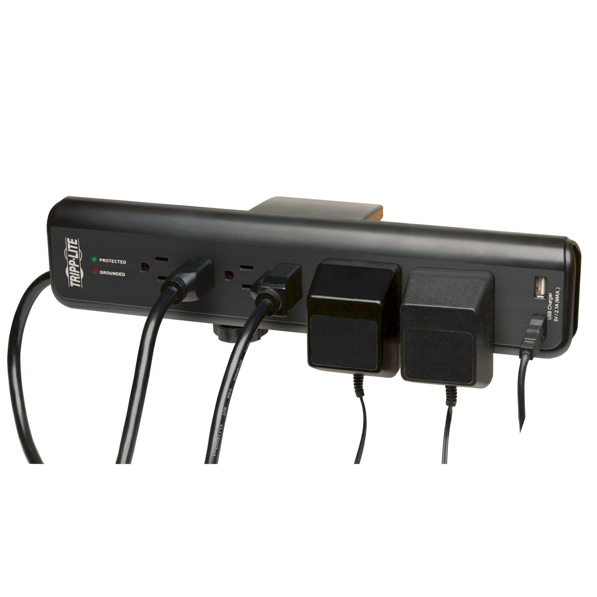 Tripp Lite close-up of adjustable clamp securing the surge protector to desk edge
