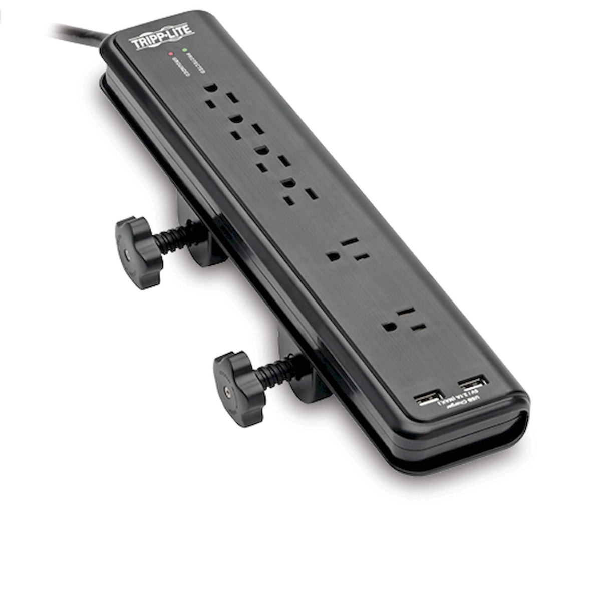 Tripp Lite front view showing six outlets and matte-black housing for organized power