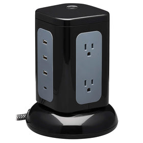 TRIPP LITE TLP606UCTOWER front view with six outlets and USB ports for organized charging.