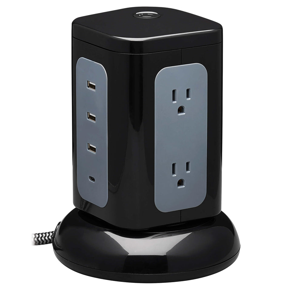 TRIPP LITE TLP606UCTOWER front view with six outlets and USB ports for organized charging.