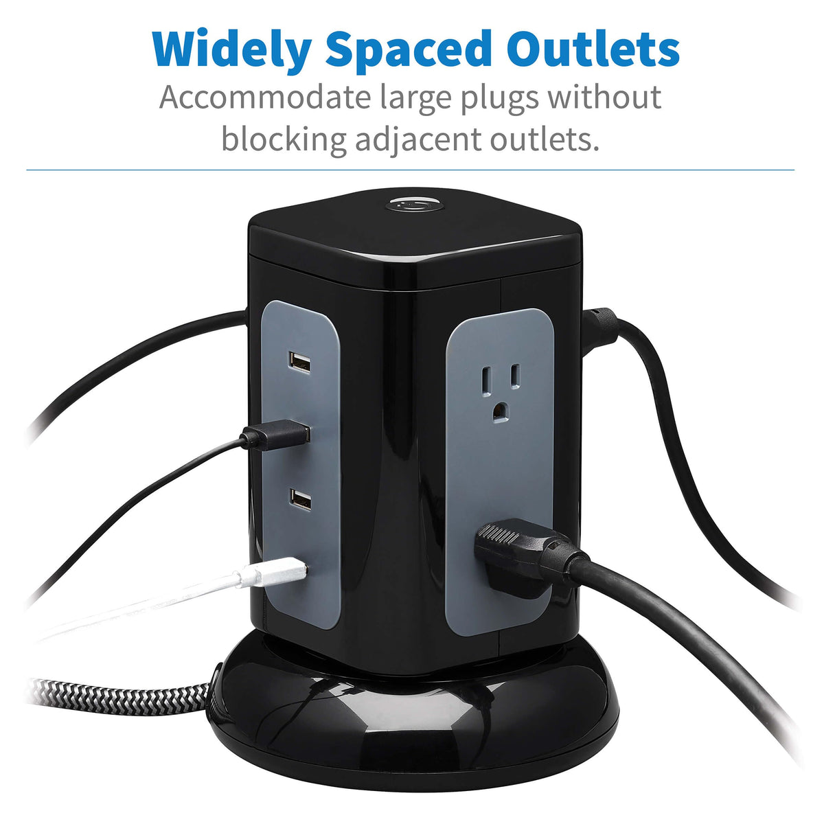TRIPP LITE TLP606UCTOWER side panel showing roomy spacing for bulky adapters.