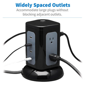 TRIPP LITE TLP606UCTOWER side panel showing roomy spacing for bulky adapters.