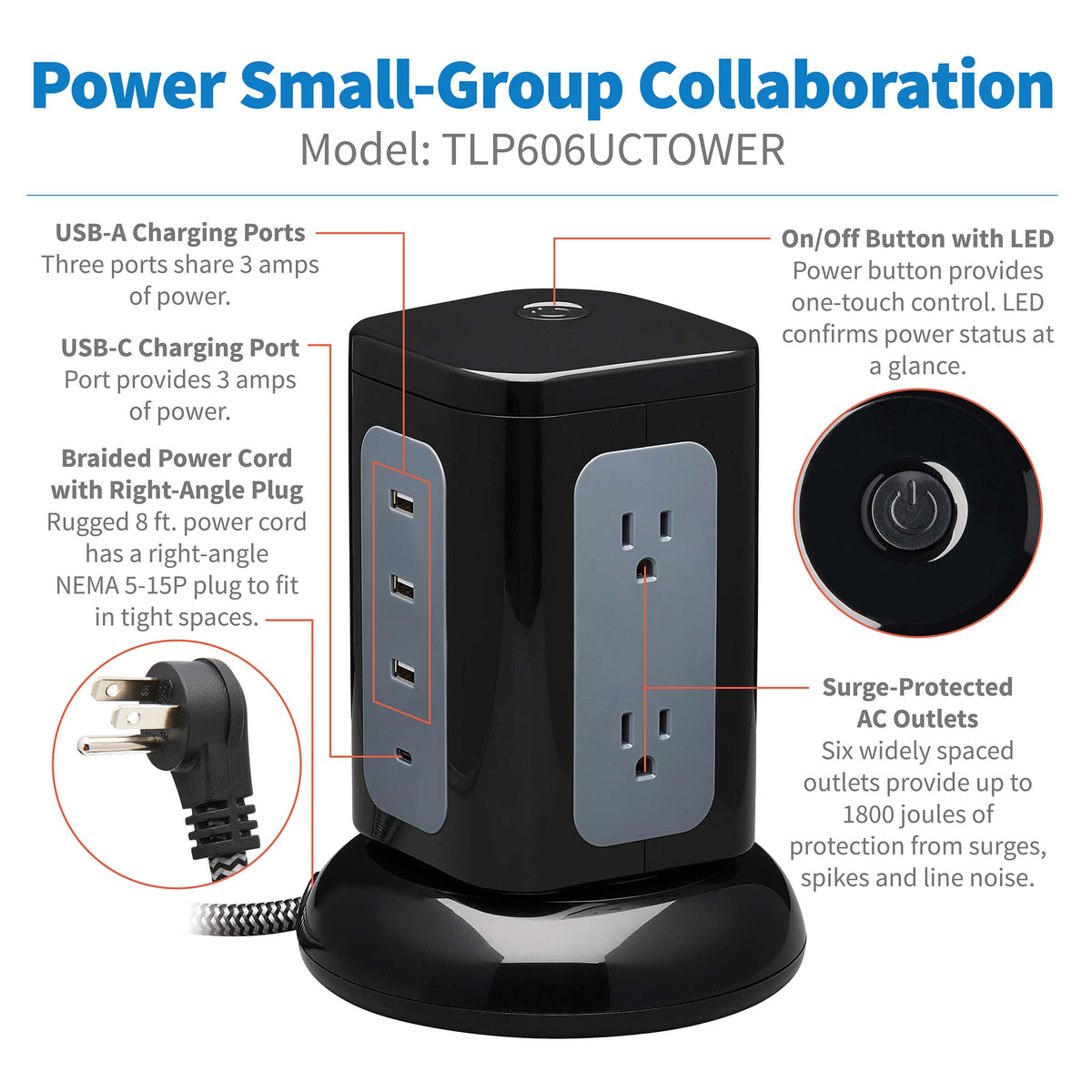 TRIPP LITE TLP606UCTOWER USB ports delivering 6A shared charging power.