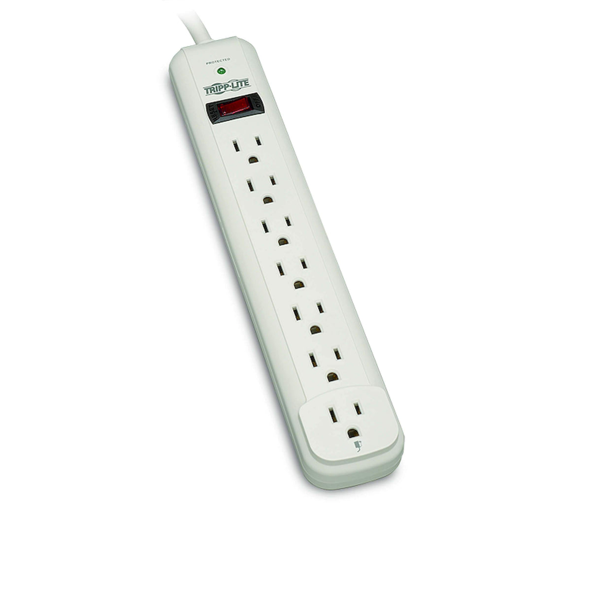 TRIPP LITE front view showing seven outlets and white housing for tidy protection