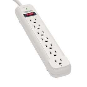 TRIPP LITE front view of 7-outlet surge protector showing outlets and finish, ensures organized power