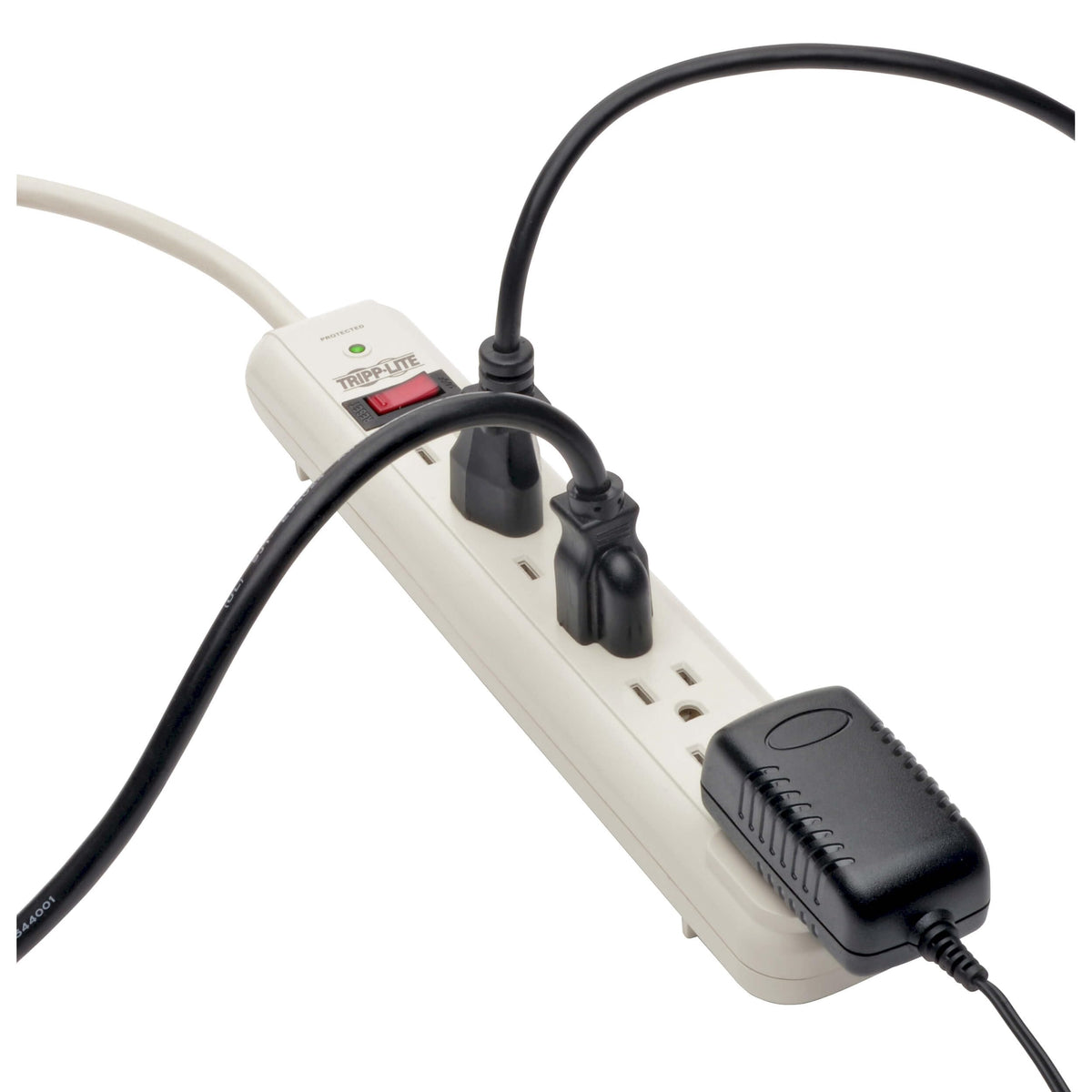 TRIPP LITE 25ft cord stretched across floor showing long reach for distant outlets and flexibility