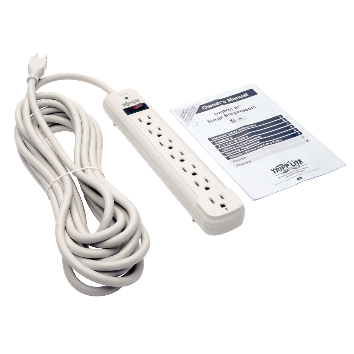 TRIPP LITE illuminated power switch and diagnostic LED indicating active surge protection at a glance