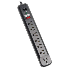 Tripp Lite TLP76RBTEL seven-outlet surge protector for desktop gear protection.